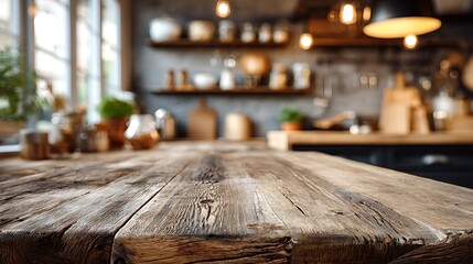 Rustic Wooden Tabletop with Blurred Kitchen Background for Product Display