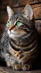 Obraz premium Portrait of a Tabby Cat with Striking Green Eyes on Wooden Background