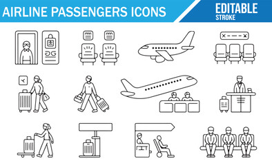 Set of Airline Passengers and Travel Process Icons for Airport Services