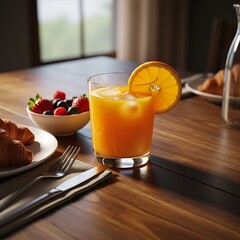 Refreshing Breakfast - Orange Juice, Croissants, and Berries on a Wooden Table.