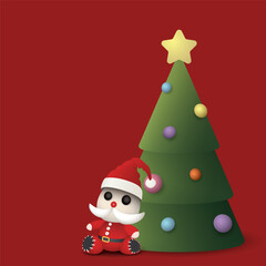 3D cute Santa claus doll and decorated Christmas tree wiyh red square backgrounnd graphic illustration have blank space.