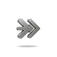 Obraz premium Futuristic metallic double arrow symbol for fast forward or next action on a dark background with subtle lighting