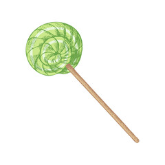 Hand drawn vintage sketch of green spiral lollipop on stick, isolated vector illustration