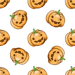 Hand drawn vintage seamless pattern of funny pumpkin jack o lantern faces in orange and green colors, isolated vector illustration