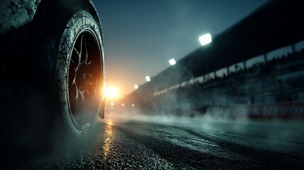 Racing car tire on wet track at night