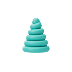 A bright turquoise blue stacking toy with spiraling rings arranged in a pyramid shape on a black background