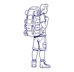 Fototapeta premium Outline illustration of a smiling hiker carrying a large backpack on a solo adventure