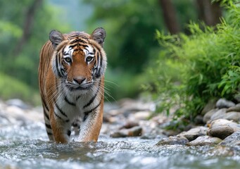 a tiger is walking on the water in front of it, with its tail raised high and it has long stripes all over its body