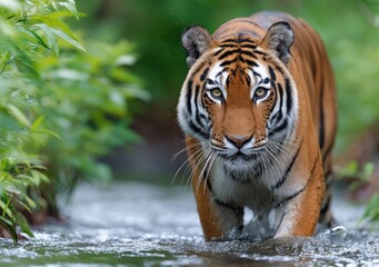 Obraz premium a tiger is walking on the water in front of it, with its tail raised high and it has long stripes all over its body