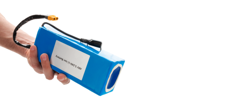 Hand holding battery from electric bicycle. Lithium-ion industrial high current batteries. With copy space, cut out.