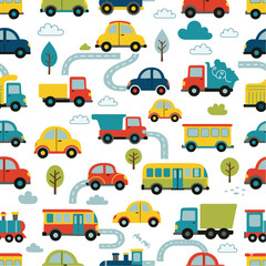 Colorful Cartoon Cars and Vehicles Seamless Pattern for Kids – EPS Format