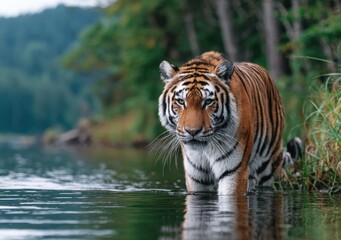 Obraz premium a tiger is walking along the riverbank, its body splashing in the water as it moves through the dense forest behind it