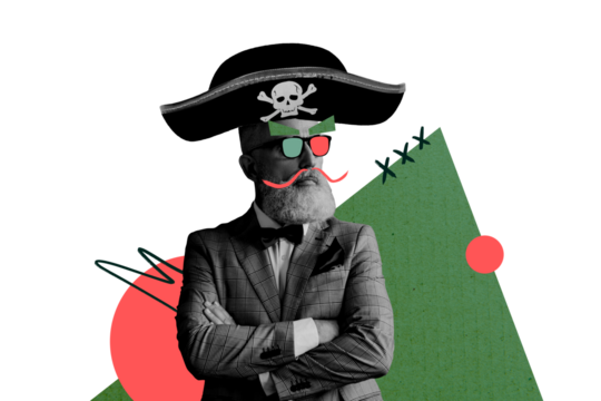 Composite trend artwork 3D sketch photo collage of caricature aged man happy hallowing costume pirate headwear eyeglasses beard mustache