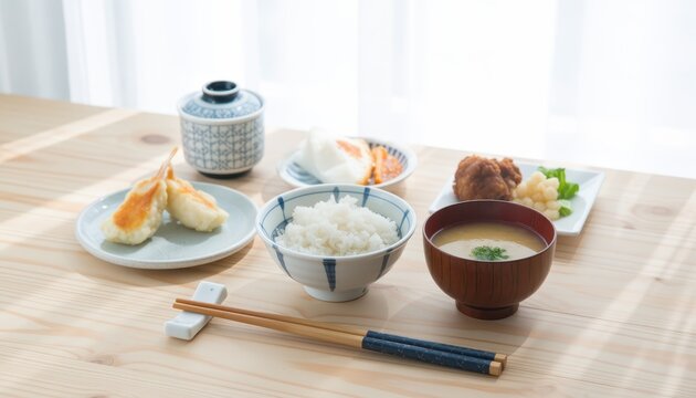 Traditional japanese cuisine home dining food display minimalist setting overhead view culinary art
