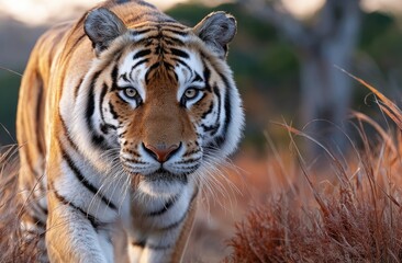 Obraz premium a tiger is walking through the savanna, its majestic form illuminated by golden sunlight as it looks towards the camera