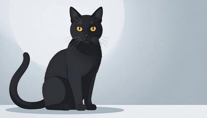 Black cat sits against a light gray background with a large moon shape
