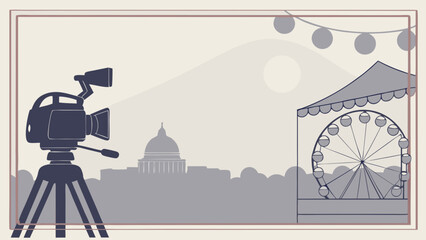 Vintage Film Camera at Festival with Ferris Wheel and City Skyline Illustration.