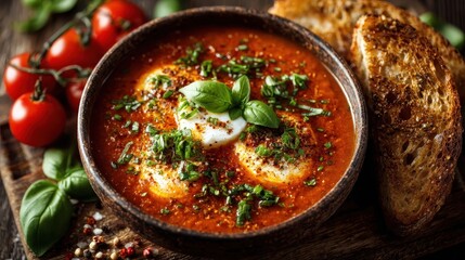 Shakshuka with Poached Eggs, Tomato Sauce, Herbs, and Grilled Bread