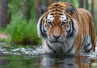 Fototapeta premium a tiger is walking along the riverbank, its body splashing in the water as it moves through the dense forest behind it