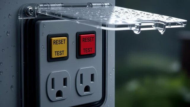 Closeup of outdoor GFCI outlet faceplate and weather shield designed to prevent water ingress during storms.