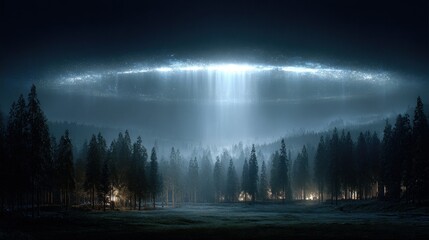 Mystical Forest Landscape with Glowing Celestial Light and Foggy Atmosphere