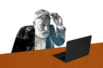 Composite trend artwork sketch image photo collage of copyspace aged man office manager work open laptop watch eyewear up omg read news