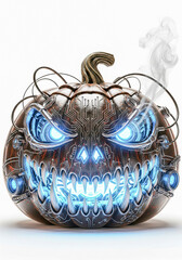Futuristic, electronic, digital spooky Halloween pumpkin, Jack-o'-lantern, a new take on the classic symbol