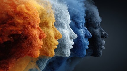 Colorful Human Profiles in a Row, Abstract Art Concept with Gradient Colors