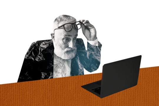 Composite trend artwork sketch image photo collage of copyspace aged man office manager work open laptop watch eyewear up omg read news