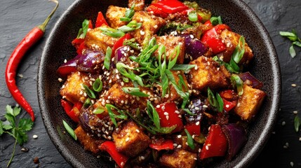 Delicious Tofu Stir Fry with Vegetables, Sesame Seeds and Chili Pepper