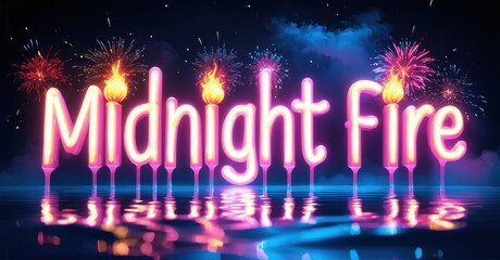 Bright Midnight Fire text glows above water. Fireworks burst vividly against dark night sky. Reflections shimmer below. Festive, celebratory scene.