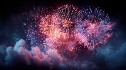 Vibrant Fireworks Display Against Dark Sky with Colorful Smoke Clouds