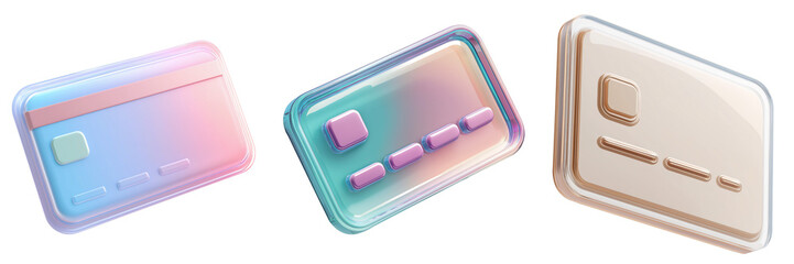 3D Glass Set of Colorful Credit Card Illustrations for Payments and Financial Concepts