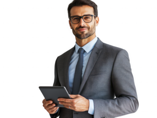 Portrait of professional businessman in suit holding tablet for business and finance use , isolated on transparent background