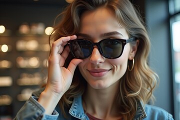 Naklejka premium A lifestyle photo of customer trying sunglasses in trendy optical store, close-up framing and stylish reflection