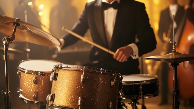 Jazz drummer in tuxedo performing live music
