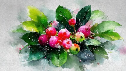 Watercolor Painting of Winter Berries and Green Leaves on White Background