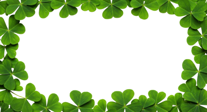 Vibrant green clovers framing a transparent background with copy space. Top-down, soft light, shallow depth of field, concept of growth and good fortune