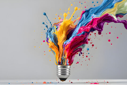Lightbulb with Vibrant Color Splash Explosion - Generative AI Illustration