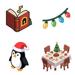 Four isometric vector holiday stickers: a songbook, colorful string lights, a penguin in a Santa hat, and a festive dinner table.
