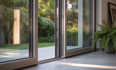 Fototapeta premium Modern sliding glass doors opening to a lush garden