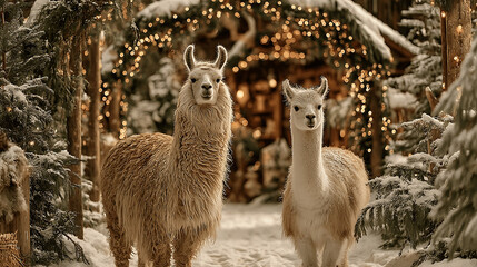 Obraz premium Two llamas enjoy a magical snowy winter Christmas scene with festive lights.