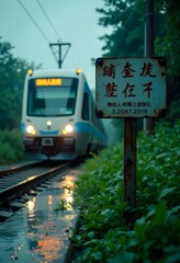Naklejka premium Train Passing by a Sign in a Rainy Day