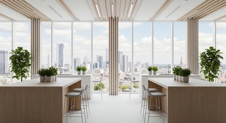 Elegant Culinary Coworking Space with Urban Landscape, Light-Wood Islands, and Herb Accents