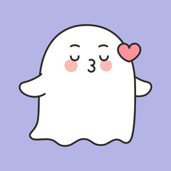 Playful Cute Halloween Ghost Blowing Kiss Cartoon Vector with Heart on Violet Background