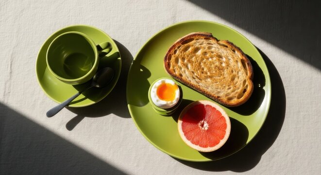 Healthy breakfast with toast, half grapefruit, and soft-boiled egg served on a green plate with empty cup and spoon, minimalist morning food still life in natural sunlight
