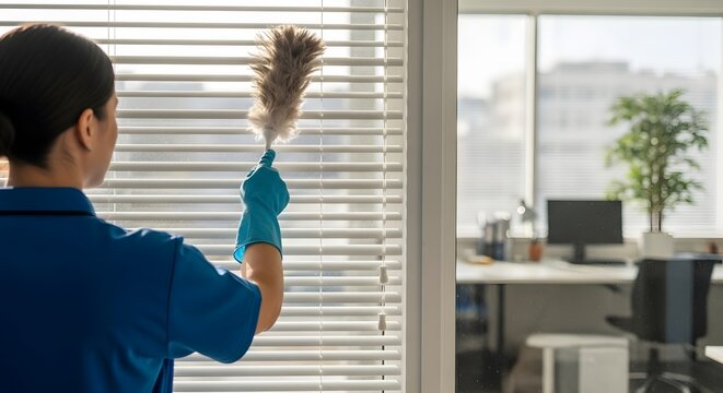 A dedicated professional worker wearing blue gloves removes accumulated dust from office window blinds using a soft duster to maintain a healthy workspace environment within a corporate interior