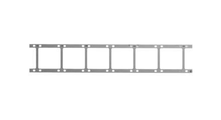 Pristine, modern film strip with six empty frames, subtle texture, precise perforations, elegant curve, centered on a high-key, minimalist white background. Concept of creative potential