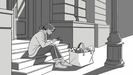 Woman using smartphone on steps with grocery bag grayscale illustration.