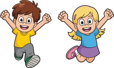 Happy excited children jumping with joy, smiling boy and girl, energetic kids playing, cheerful childhood moments, fun activity, cartoon kids illustration, friendship and happiness concept